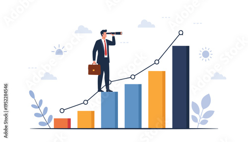 Businessman standing on a growing bar graph looking through a telescope symbolizing vision and growth in business and finance with optimism