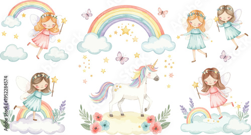 Whimsical illustrations of little girls unicorns rainbows and clouds in a fantasy world with magical creatures and colorful scenery