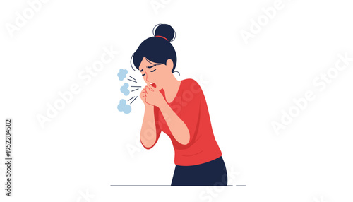 Woman coughing into her hands with a concerned expression on her face while covering her mouth