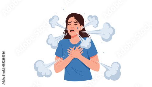 A woman experiencing heart pain and distress with a worried expression on her face