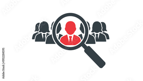 A magnifying glass focusing on a single person among a group symbolizing individual selection or recruitment