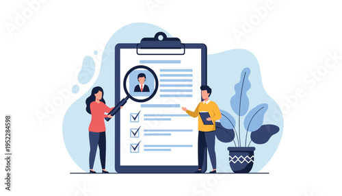 Two people reviewing a resume with a magnifying glass to find the perfect candidate