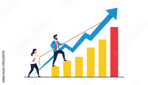 Business growth concept with two people pulling a rope to climb an upward trend graph