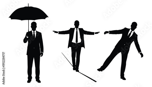 Three businessmen in various poses on a tightrope with an umbrella