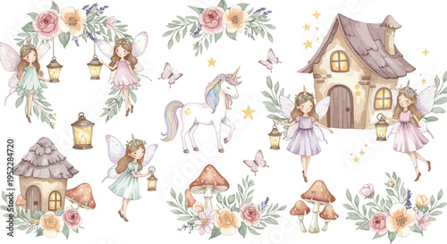 Whimsical illustration of fairies and magical houses in a floral fantasy world with lanterns and plants growing around them