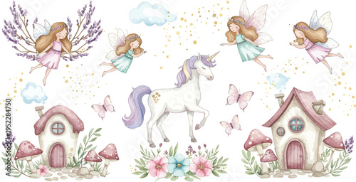 Whimsical fantasy scene with fairies houses unicorn and mushrooms in a magical garden setting with flowers and trees