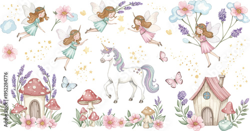 Whimsical fairytale scene with fairies dancing around houses and a horse in a garden filled with flowers and foliage