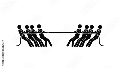 A group of people playing tug of war with a rope in a competitive and dynamic scene