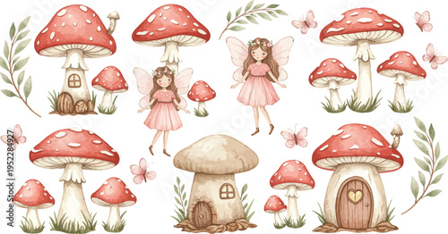 Whimsical illustration of fairies and mushrooms in a fantasy forest scene with flowers and foliage