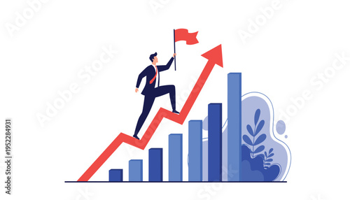 Businessman climbing up a graph with a red flag symbolizing growth and success in finance and leadership