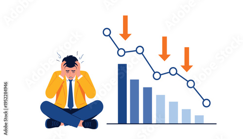 A stressed businessman sitting next to a declining graph with downward trends and decreasing bars indicating financial loss and economic downturn