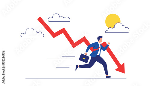 A businessman running away from a declining graph with a briefcase in hand under a sunny sky with clouds