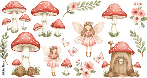 Whimsical fairy surrounded by red mushrooms flowers and foliage in a magical forest setting with tiny house