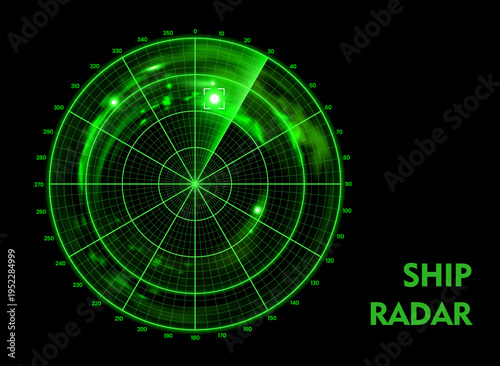 Ship radar screen display with area map, nautical sonar monitor. Futuristic green screen displaying critical maritime navigation data. Circular vector ship radar for naval simulation game