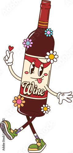 Cartoon groovy wine bottle funky character with smile on face, vector alcohol drink. Groovy red wine bottle character with hippie daisy flowers and love hearts walking in hipster shoes with tongue out
