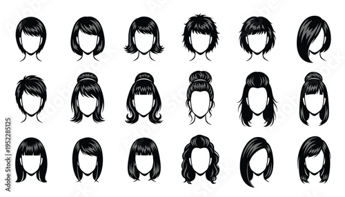 Collection of 18 different black and white cartoon hair styles for women