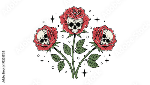 Three roses with skulls in a mystical setting with stars and dots