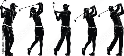 Golf swing silhouettes illustration, male and female golfers in motion, sports technique concept, athletic posture artwork, dynamic golfing representation design