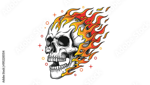 A skull with a fiery blaze engulfing one side surrounded by sparks and stars on a white background symbolizing intense heat and energy