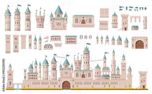 Medieval fortress towers, town and castle game constructor, vector ancient gates. Castle constructor of tower wall and turret stone building of king palace, arched bridge and fort rooftops with spires
