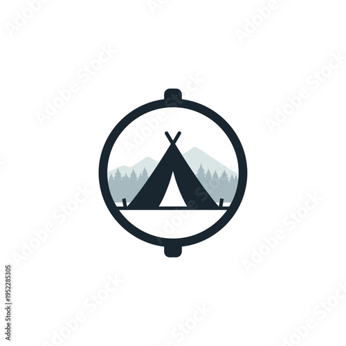 Campfire tent icon in compass circle with forest and mountains landscape