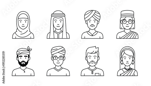 Diverse cultural icons of people wearing traditional attire from around the world