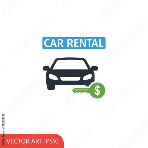 Car Rental Icon: Silhouette of car with key and dollar sign, representing vehicle hire service