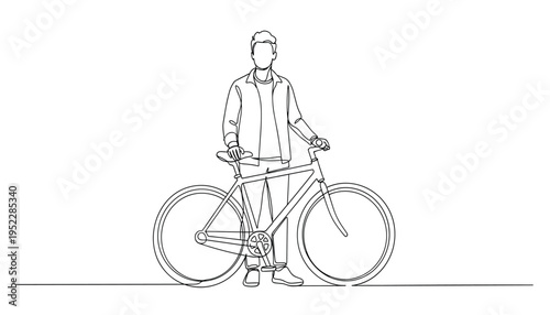 A man standing with a bicycle in a simple line drawing style with a white background and black lines used for the illustration