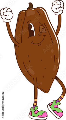 Cartoon funky groovy cocoa bean nut with funny face, vector character. Groovy cocoa bean or cacao nut comic emoji cartoon character in hipster shoes with cute smile and winking eye with happy gesture