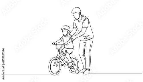 A man helping a child learn to ride a bike with training wheels and a helmet on a plain background with simple lines