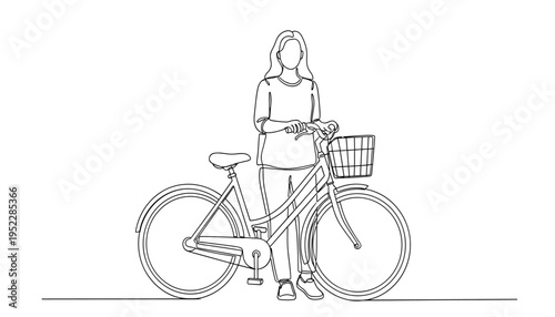 A woman standing with a bicycle holding the handlebars with a basket on the front