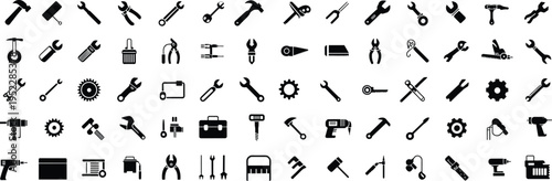 Collection of black and white representing various tools and mechanical parts arranged in a grid pattern