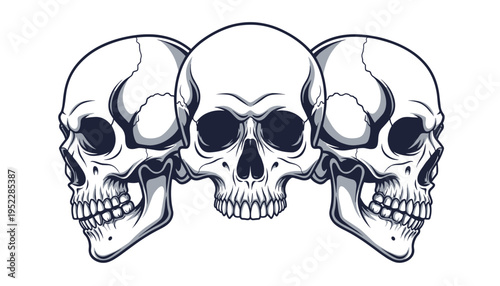 Three white skulls with black shading on a white background