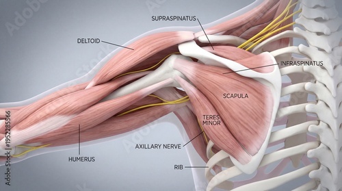 Detailed human shoulder anatomy with labeled muscles and bones