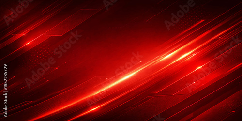 A vibrant red abstract backdrop features glowing laser lines and a bright wave pattern that creates a sense of motion and energy in a dark space