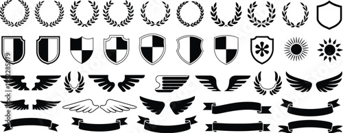 Laurel wreath, shield, wing, ribbon, and banner vector set, heraldry elements collection with laurel wreaths, shields, wings, and ribbons for awards, logos, badges, and branding design
