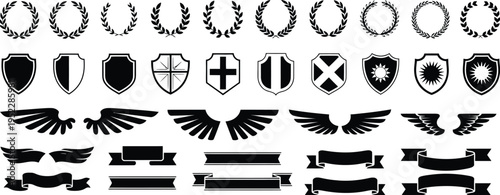 Laurel wreath, shield, wing, ribbon, and banner vector set, heraldry elements collection with laurel wreaths, shields, wings, and ribbons for awards, logos, badges, and branding design