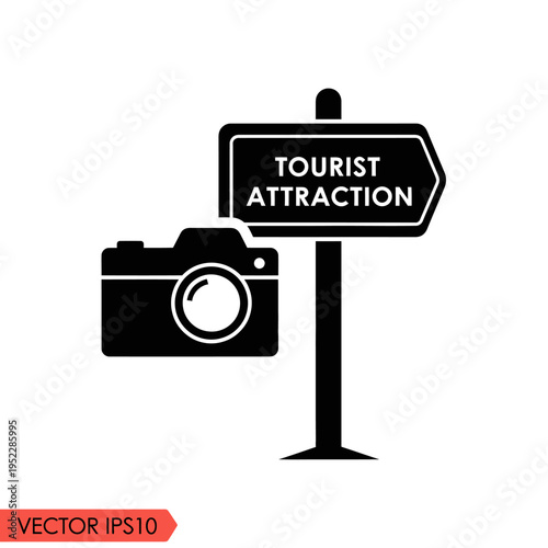 Tourist attraction sign and camera icon, travel and photography concept