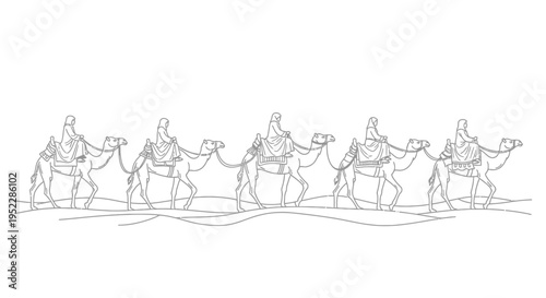 Line drawing depicts a caravan of camels crossing a desert landscape