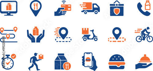 Food delivery icons set with various transportation and location symbols