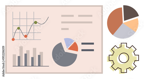 Business analysis, data tracking, infographics, report presentation, financial growth, market trends. Bar charts, pie charts and line graphs with cogwheel design. Business analysis and data tracking