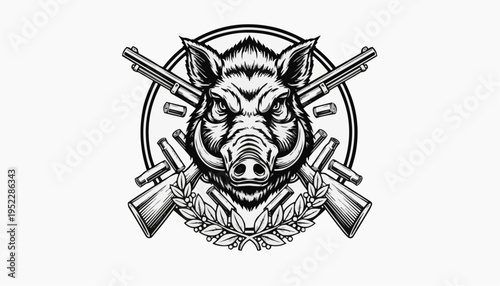 Wild boar hunting emblem illustration with crossed rifles laurel wreath and bold black design