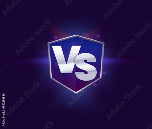 VS showdown lightning for fight battle with versus sign of sport game confrontation, vector banner. VS shield badge on neon purple red and blue background with light flares for VS team battle contest