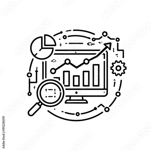 Dynamic data analysis and business growth illustration showcasing research, statistical reports, and technological solutions for market intelligence and strategic planning