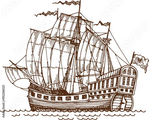 Vintage pirate wooden sail ship or sailboat and European galleon warship in vector engraving sketch. Medieval ship and retro sailboat or ancient frigate schooner on sea waves in etching style graphic