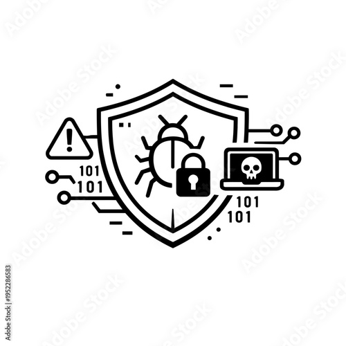 Cybersecurity Shield with Bug Icon, Lock, Warning Sign, and Laptop with Skull Symbol