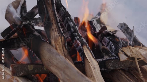 Wallpaper Mural Close-up of burning logs and glowing flames in a small winter campfire. The fire burns between wooden pieces stacked inside a snow pit in cold outdoor weather. High quality 4k footage Torontodigital.ca