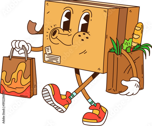 Cartoon groovy delivery cargo and mail post service character, vector funny box. Groovy parcel package with funny face carry shopping bags with funky whistle as delivery hippie or Y2K freaky character