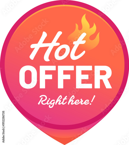 Round sale tag sticker, hot offer price badge, product discount seal, vector label. Sale hot offer sticker tag with fire flame for shop promotion or store promo of right here shopping ad