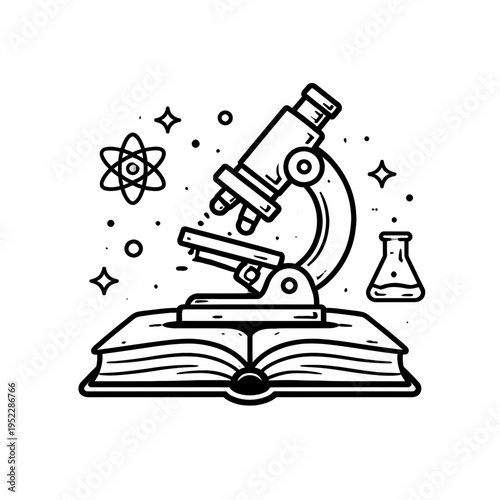 Microscope and atomic symbol on an open book symbolizing science, education, and research discovery
